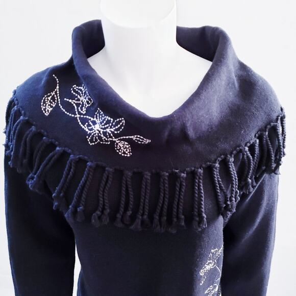 Erika Embroidered Tasseled Cowl Neck Sweater Medium - Picture 2 of 10
